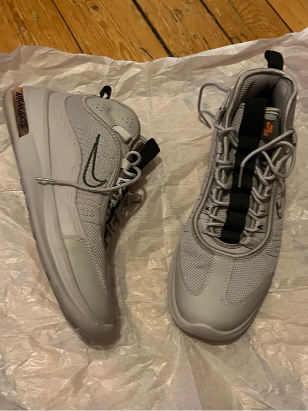 Nike AirMaxis light grey/tan with black top hook for laces